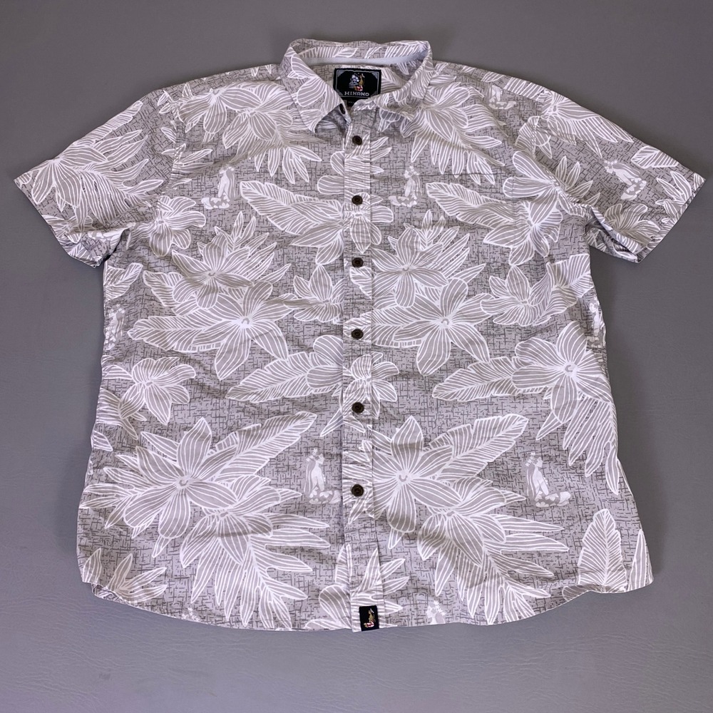 Hinano Tahiti Button Up Shirt Men's XXL Gray White‎ Floral Cotton Short Sleeve